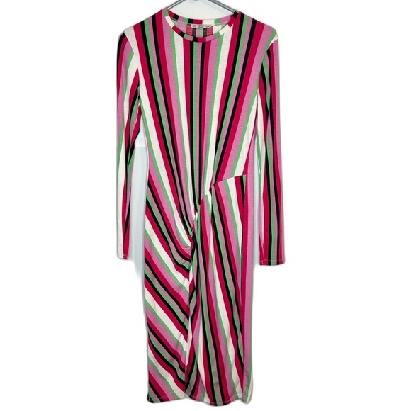 NWOT Zara Multicolor Striped Ruched Gretchen Midi Long Sleeve Dress Size Med - Picture 1 of 10
